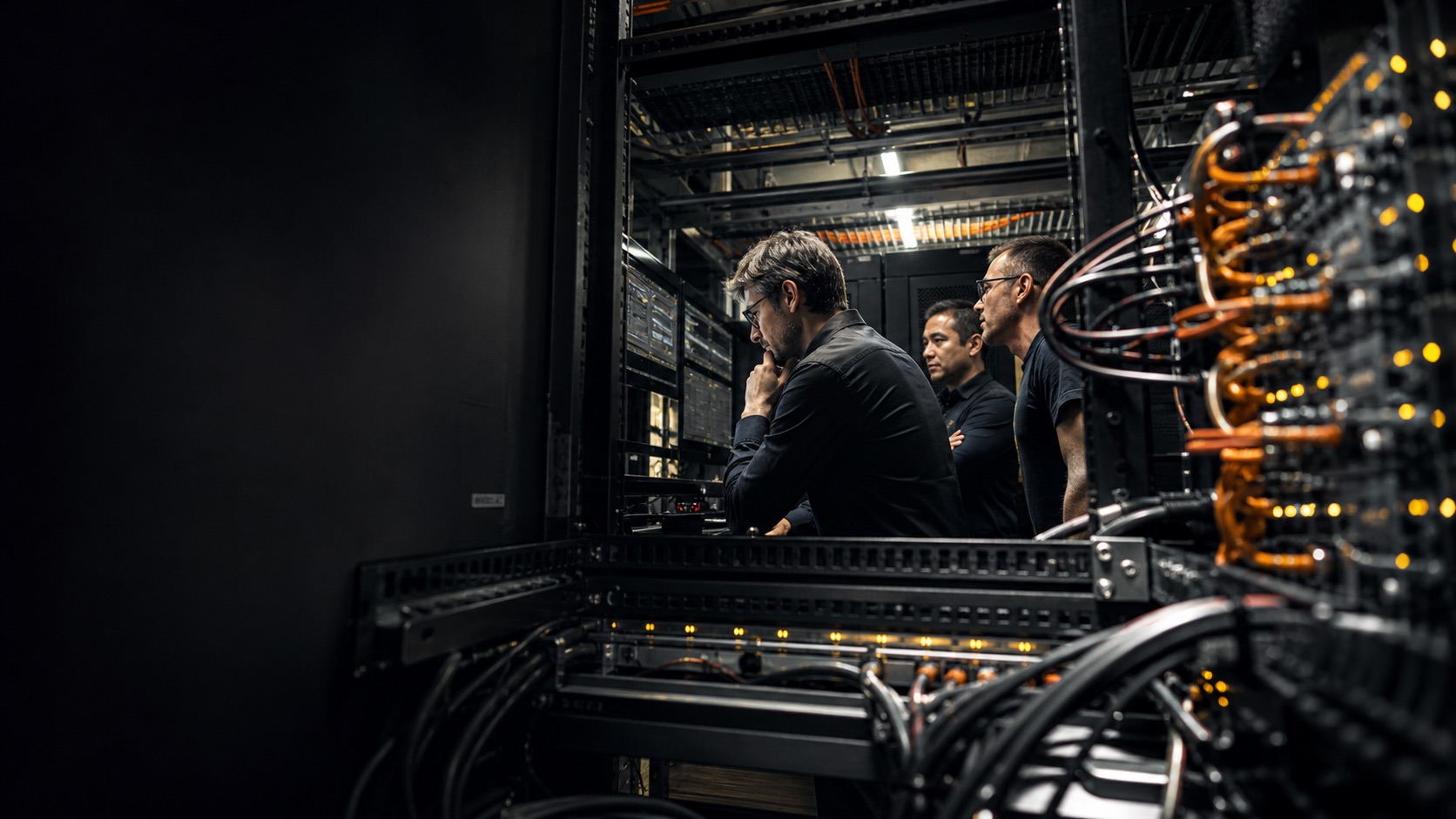 Infrastructure engineers working inside a live server environment